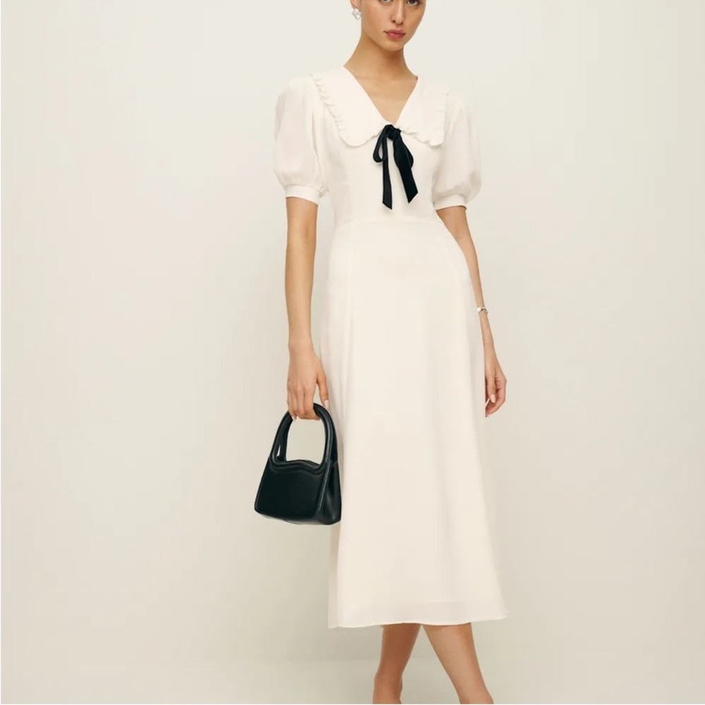 Reformation Cream Midi Dress with Black Bow